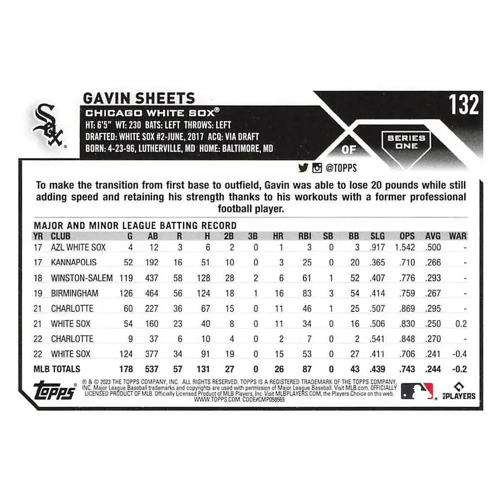 2023 Topps Gold Star Gavin Sheets #132 Chicago White Sox